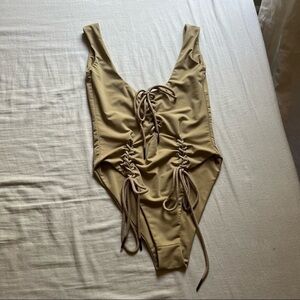 Shade London tan knit‎ lace up detail sleeveless bodysuit